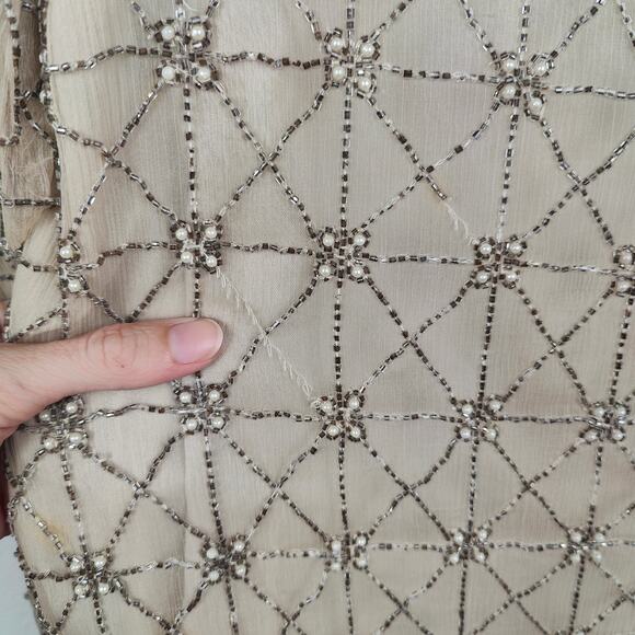Vintage Cynthia Taylor Silk Beaded Top Womens Large Champagne Grid Pattern FLAW - Picture 3 of 10